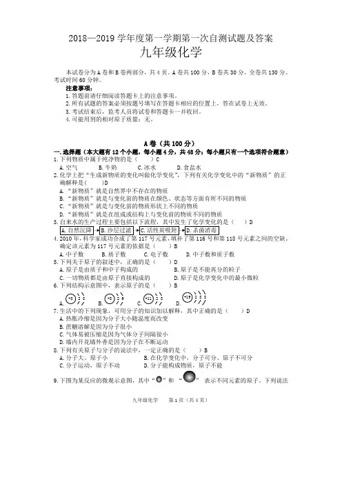 2018—2019学年度第一学期第一次自测  九年级化学【试题及答案】