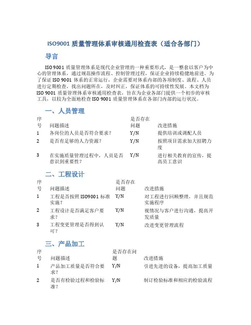 iso9001质量管理体系审核通用检查表(适合各部门)[推荐]
