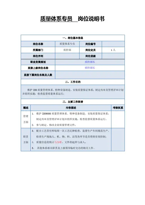 质量体系专员岗位说明书