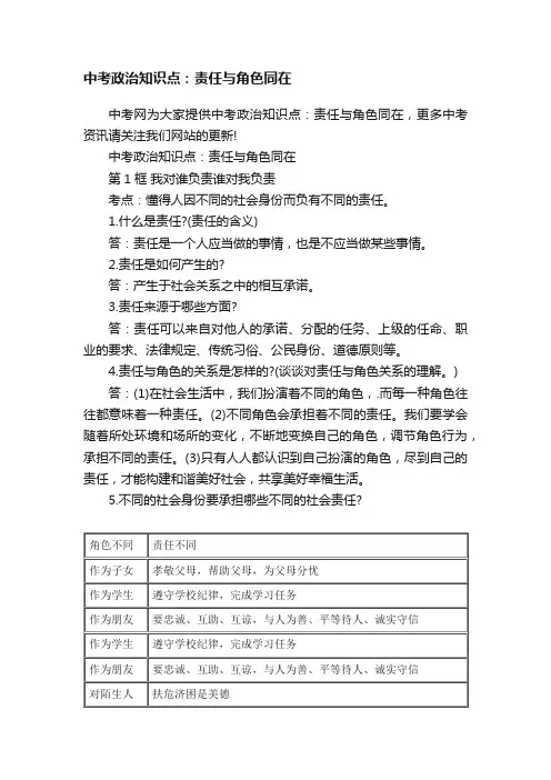 中考政治知识点：责任与角色同在