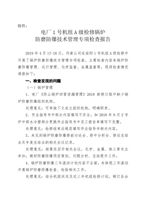 电厂1号机组A级检修锅炉防磨防爆技术管理专项检查报告