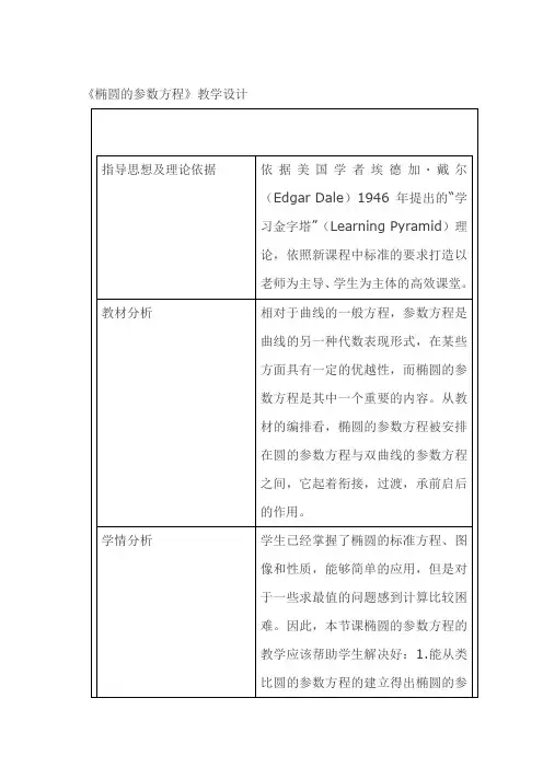 高中数学_椭圆的参数方程教学设计学情分析教材分析课后反思