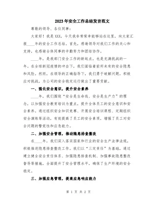 2023年安全工作总结发言范文