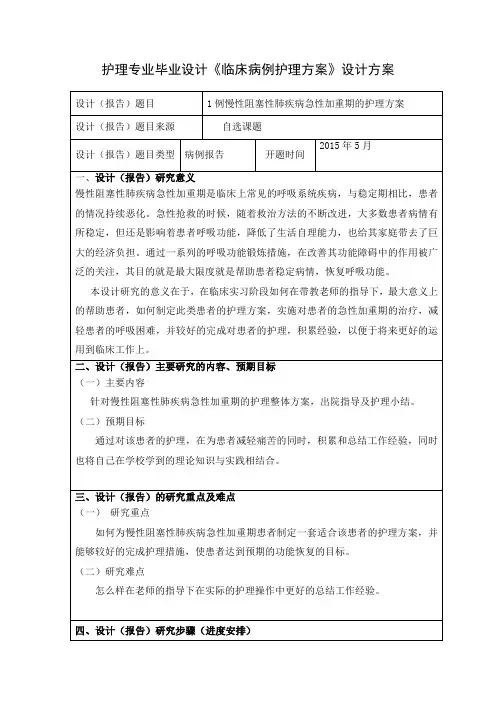 护理专业毕业设计《临床病例护理方案》设计方案