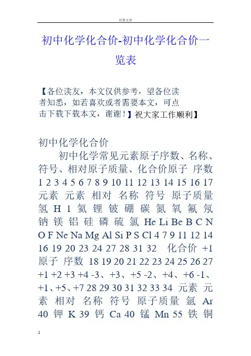 初中化学化合价初中化学化合价一览表