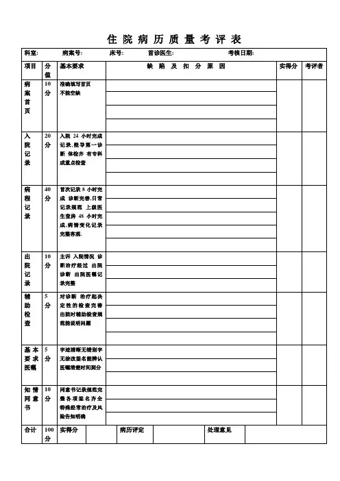 住院病历质量考评表