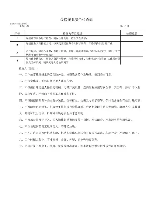 焊接作业安全检查表式模板