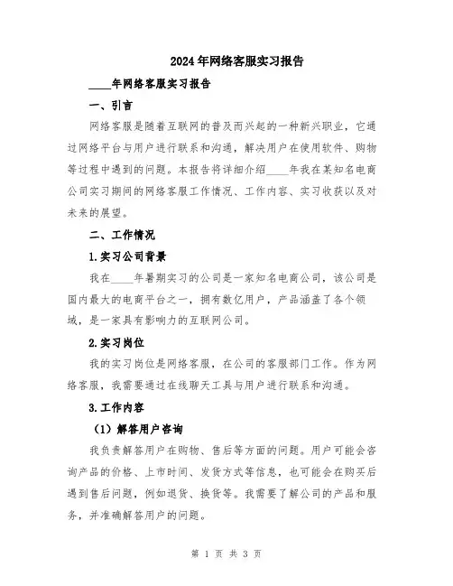 2024年网络客服实习报告
