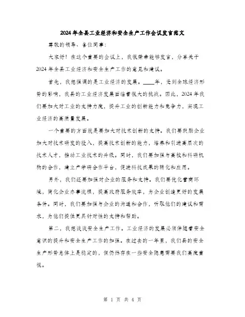 2024年全县工业经济和安全生产工作会议发言范文(二篇)