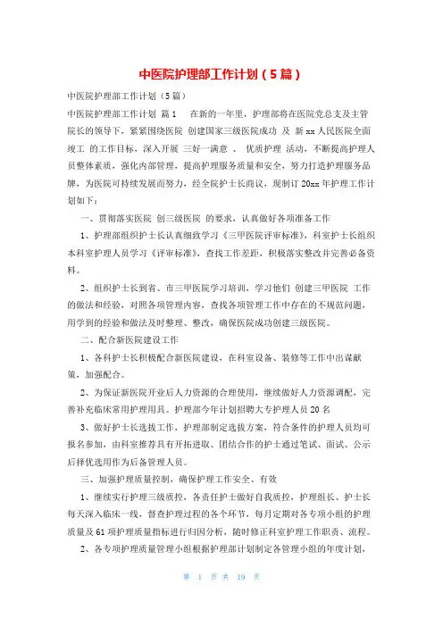中医院护理部工作计划(5篇)