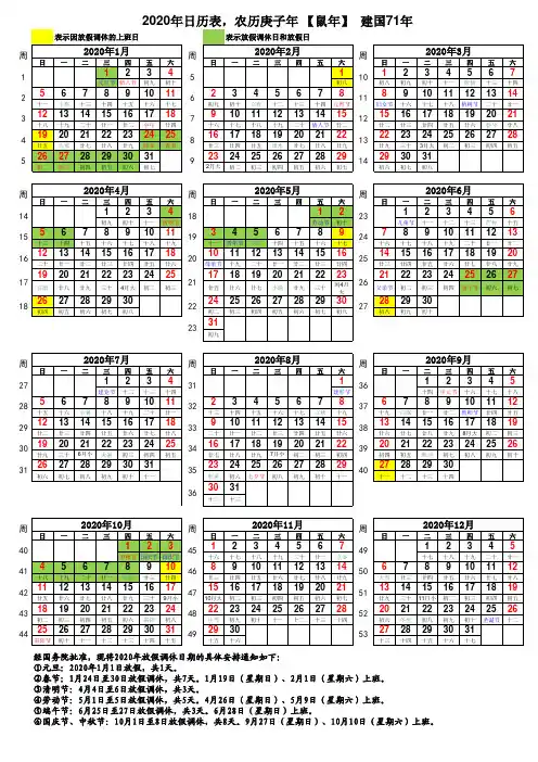 2020年日历表(A4纸打印版 含农历最全信息版)
