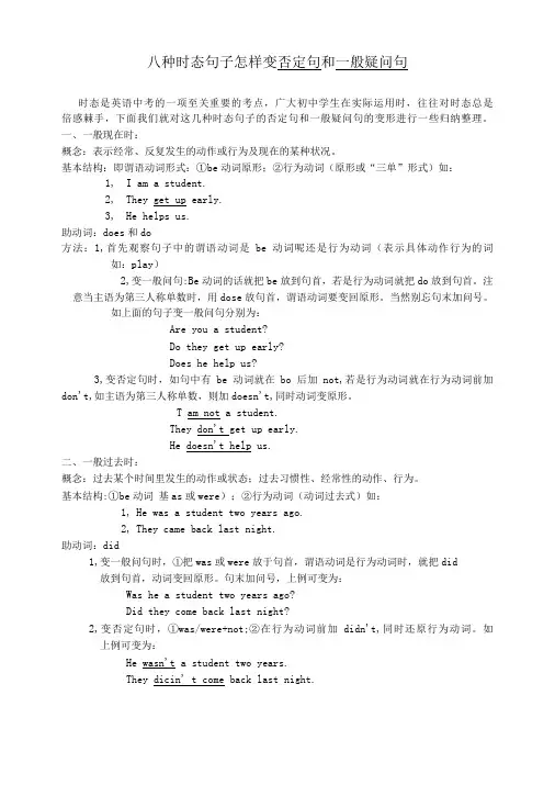 八种时态句子怎样变一般疑问句和否定句