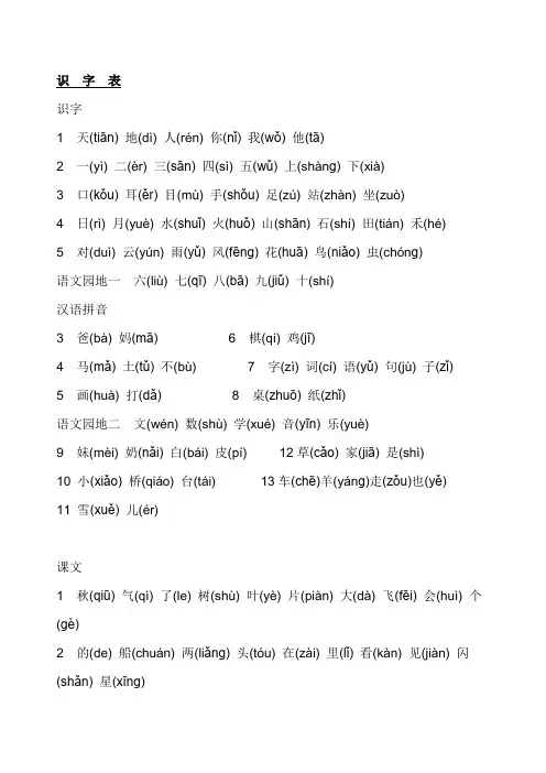 部编版小学一年级语文上册生字表(注音)