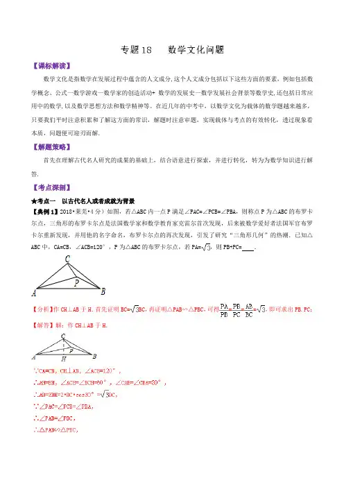 数学文化问题(精讲)-2019年中考数学高频考点突破全攻略(解析版)