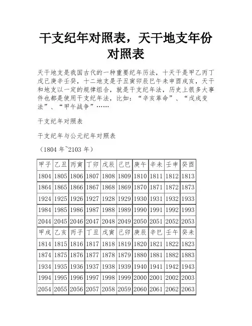 干支纪年对照表,天干地支年份对照表