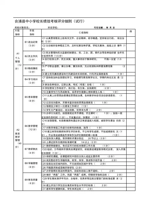 合浦县义务教育学校校长绩效考核评分细则(试行)