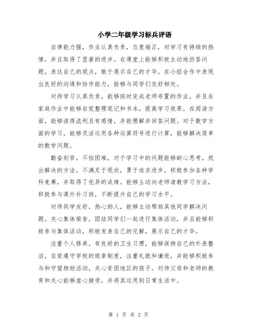 小学二年级学习标兵评语