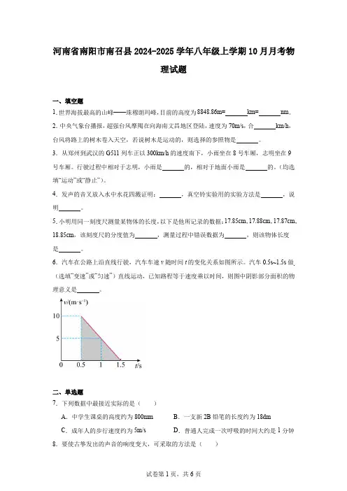 河南省南阳市南召县2024-2025学年八年级上学期10月月考物理试题