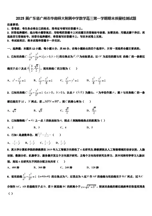 2025届广东省广州市华南师大附属中学数学高三第一学期期末质量检测试题含解析