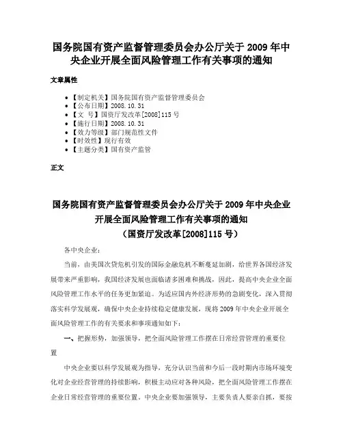 国务院国有资产监督管理委员会办公厅关于2009年中央企业开展全面风险管理工作有关事项的通知