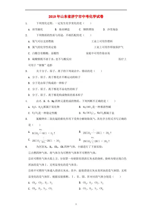 山东省济宁市2019年中考化学真题试题(含解析)