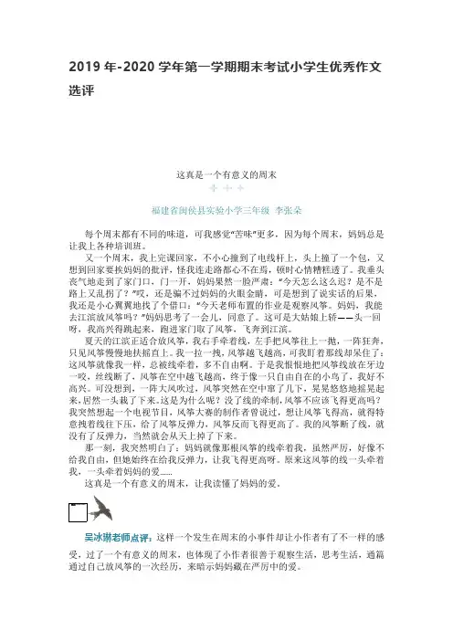 2019年-2020学年第一学期期末考试小学生优秀作文选评