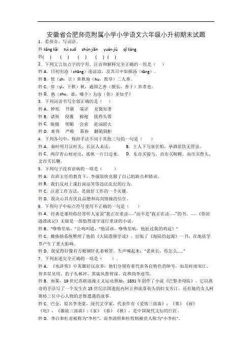 安徽省合肥师范附属小学小学语文六年级小升初期末试题