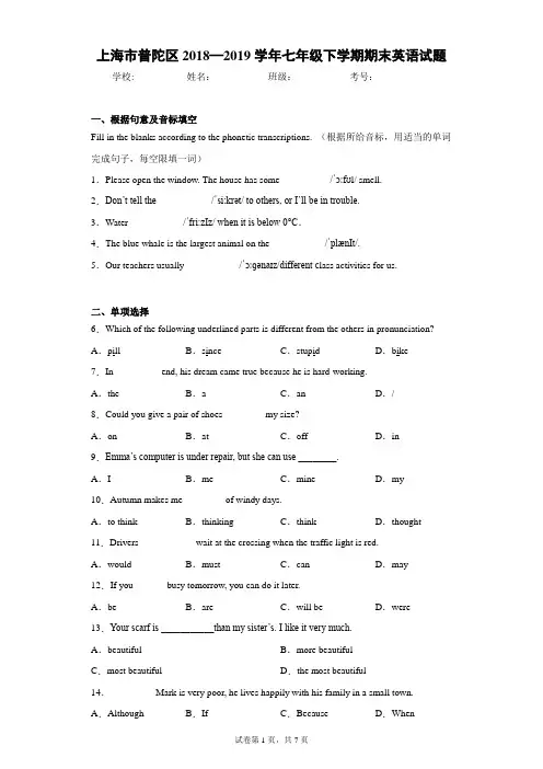 上海市普陀区2018—2019学年七年级下学期期末英语试题(含答案解析)