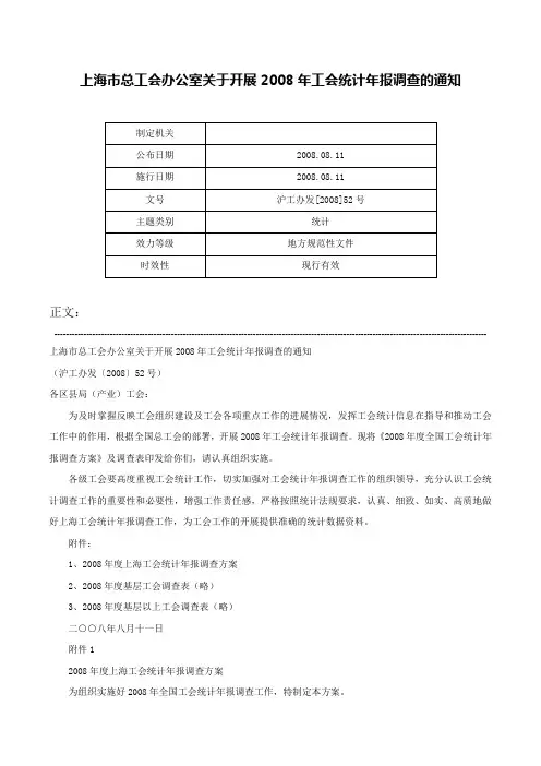 上海市总工会办公室关于开展2008年工会统计年报调查的通知-沪工办发[2008]52号