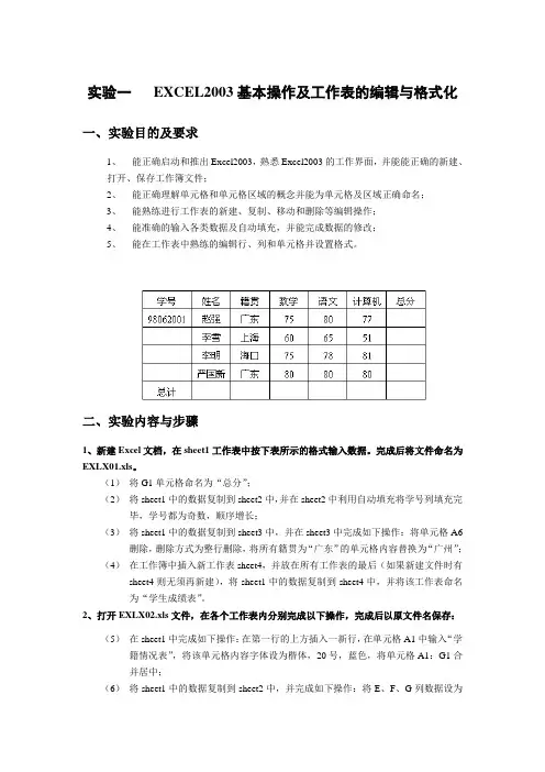 实验一EXCEL2003基本操作及工作表的编辑与格式化