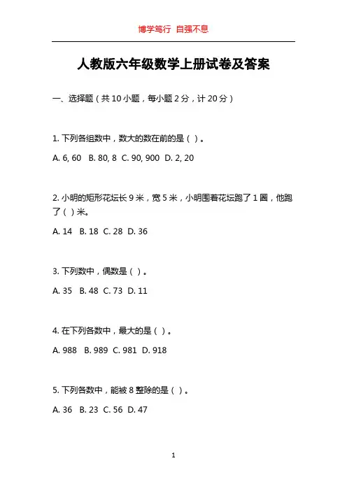 人教版六年级数学上册试卷及答案