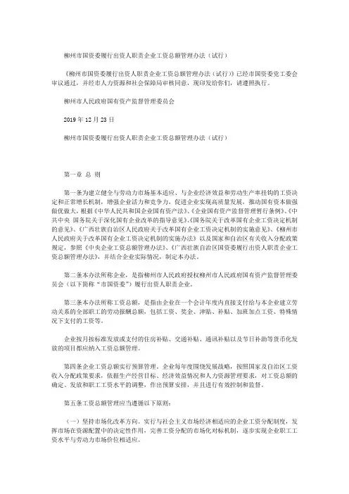 柳州市国资委履行出资人职责企业工资总额管理办法(试行)