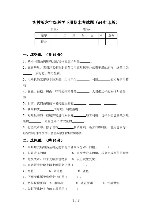 湘教版六年级科学下册期末考试题(A4打印版)