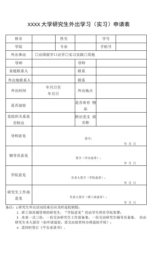 XXXX大学研究生外出学习(实习)申请表