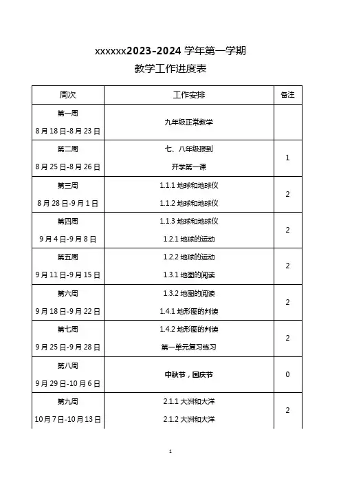 七年级上册地理教学进度表
