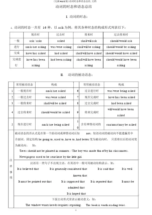 (完整word版)动词时态和语态总结,文档