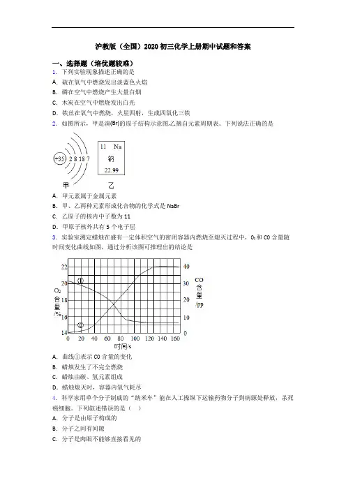 沪教版(全国)2020初三初三化学上册期中试题和答案