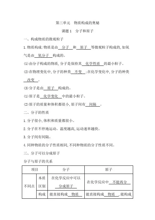 第三单元物质构成的奥秘知识梳理九年级化学人教版上册