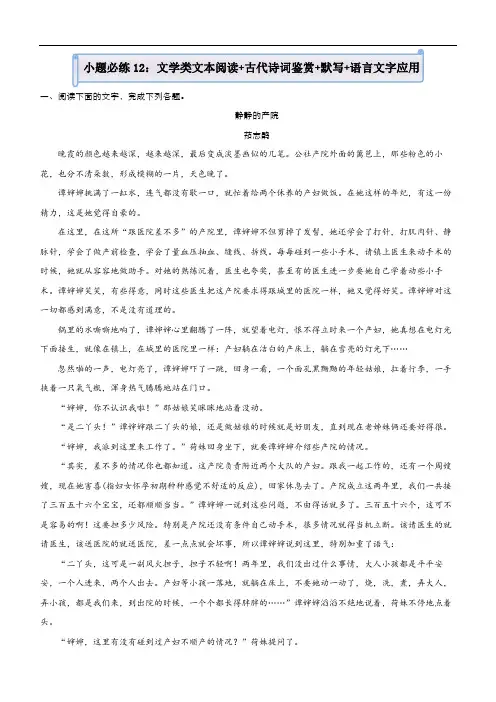 新高考语文 (新高考)2021届小题必练12 文学类文本阅读+古代诗词鉴赏+默写+语言文字应用 教师