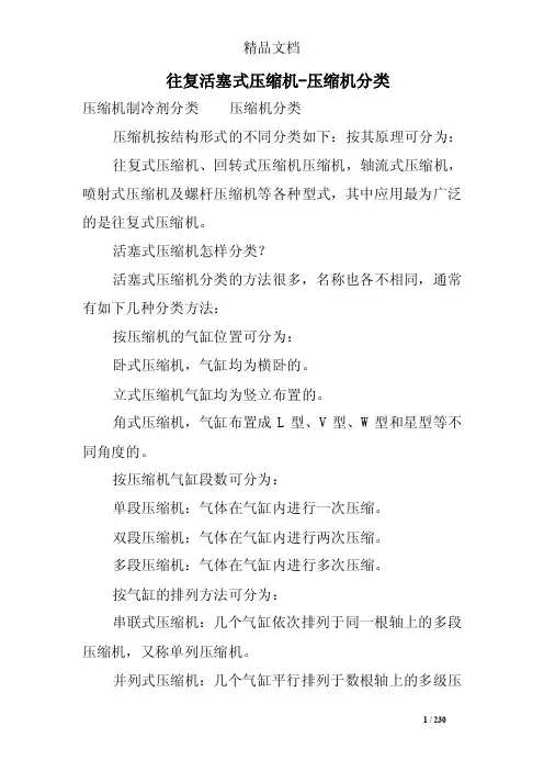 往复活塞式压缩机-压缩机分类