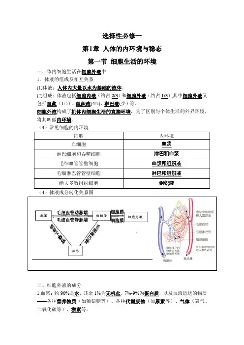 高二上学期生物人教版选择性必修1第一章人体的内环境与稳态知识汇总