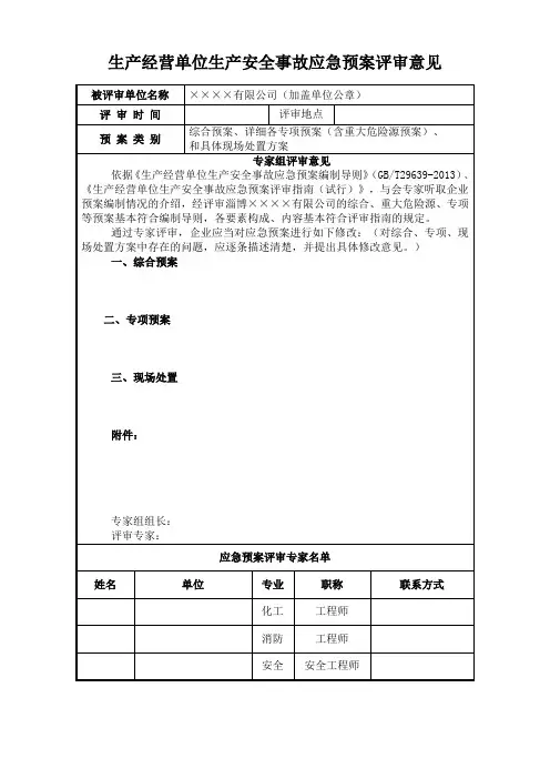 应急预案评审意见表