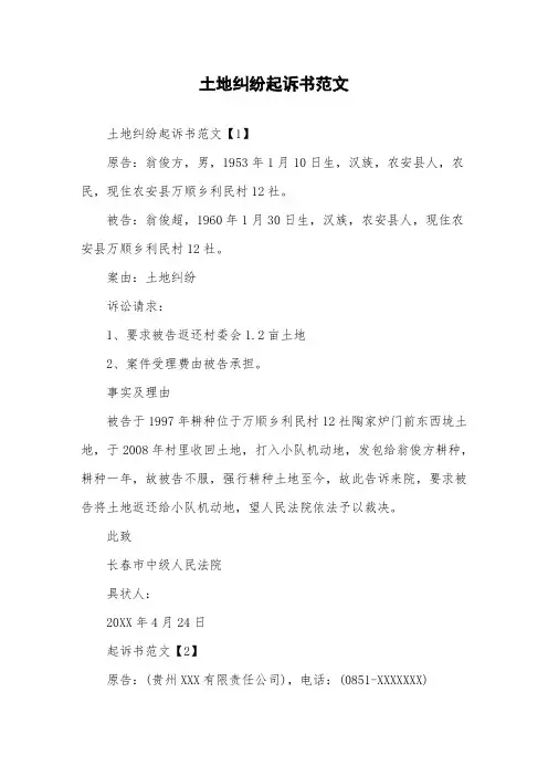 土地纠纷起诉书范文.doc