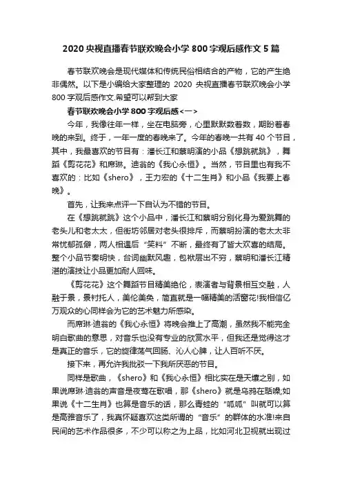 2020央视直播春节联欢晚会小学800字观后感作文5篇
