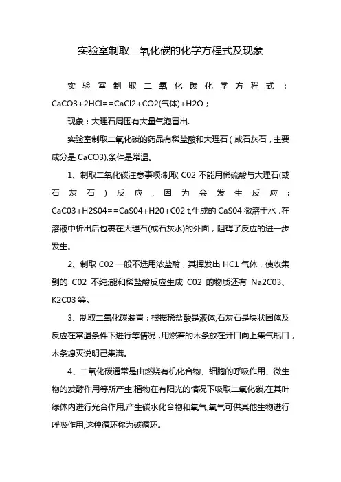 实验室制取二氧化碳的化学方程式及现象