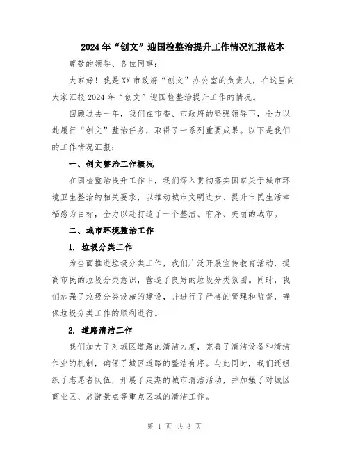 2024年“创文”迎国检整治提升工作情况汇报范本