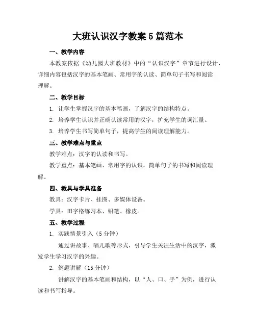 大班认识汉字教案5篇范本