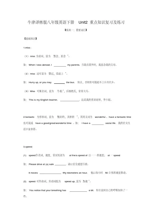 牛津译林版八年级英语下册Unit2重点知识复习及练习(20200707215651)