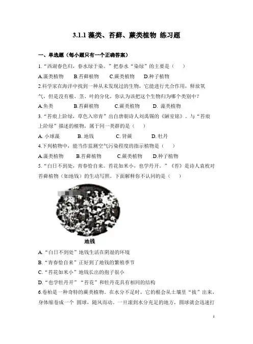 第一节藻类、苔藓、蕨类植物练习题-2023-2024学年人教版生物七年级上册