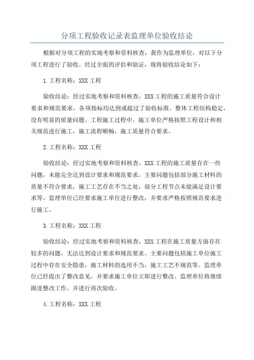 分项工程验收记录表监理单位验收结论
